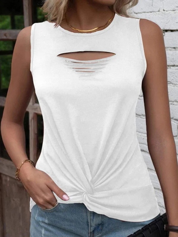 Solid Color Pleated Knot Hollow Sleeveless Round-Neck Vest Top