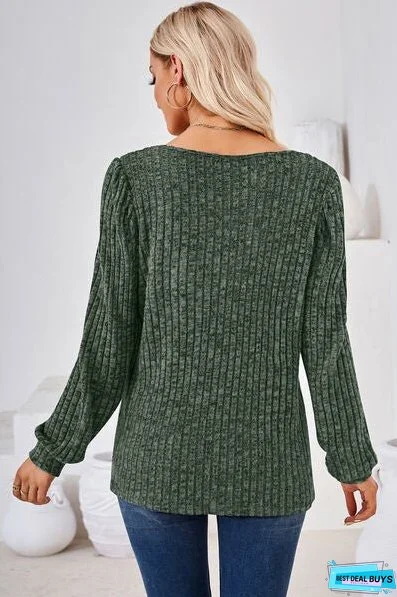 Ribbed Square Neck Long Sleeve T-Shirt