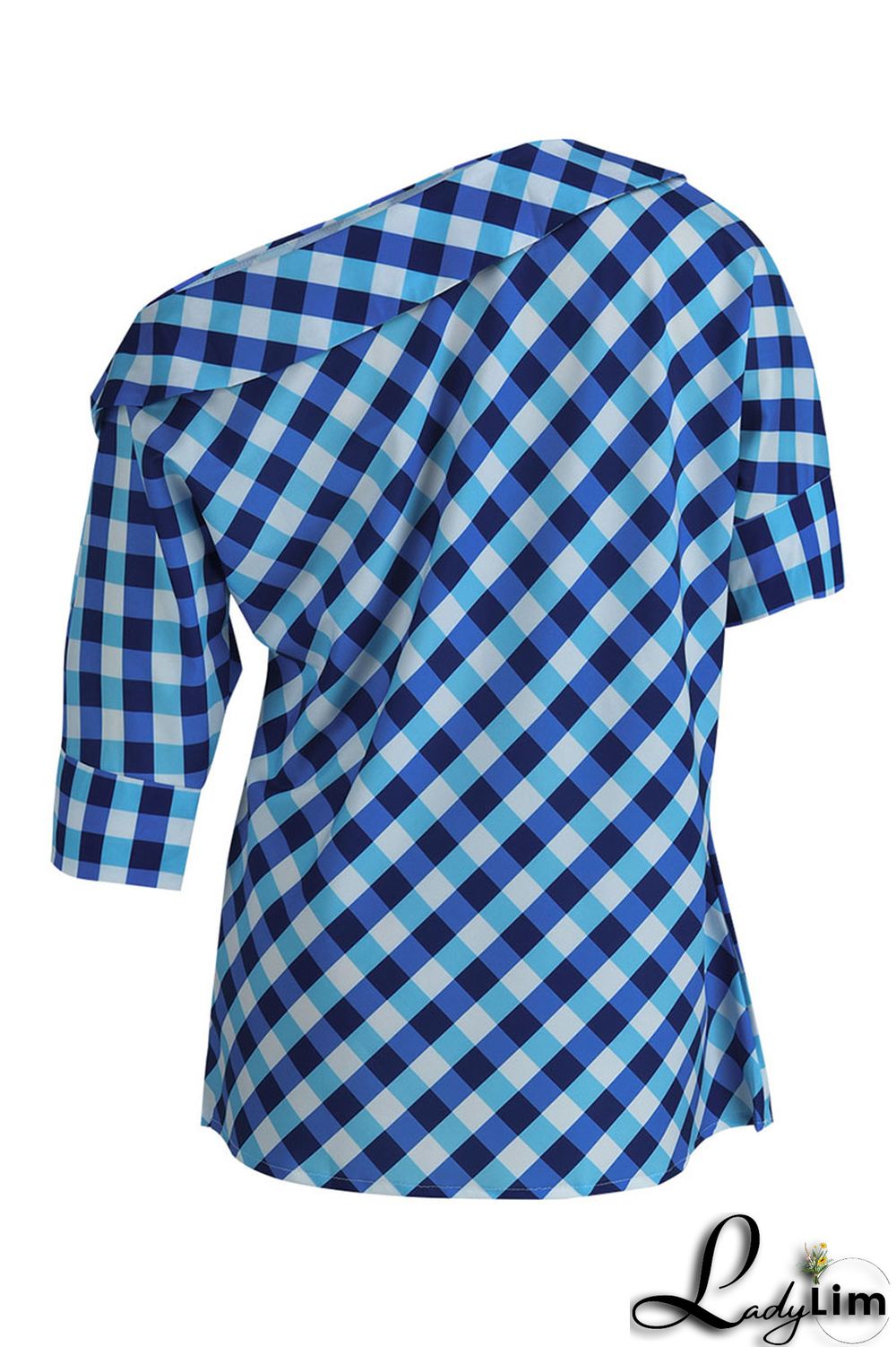 Black Casual Plaid Print Patchwork Asymmetrical Oblique Collar Tops