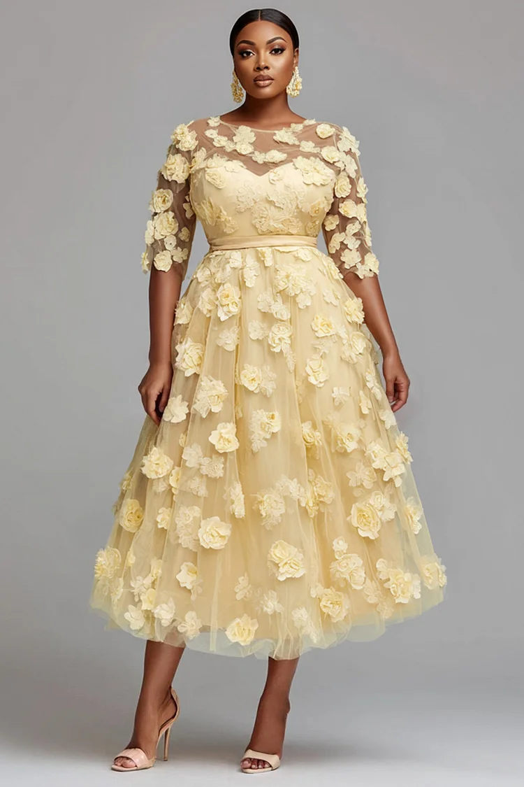 Xpluswear Design Plus Size Wedding Guest Yellow Round Neck Short Sleeve 3D See Through Guipure Lace Midi Dresses [Pre-Order] 2024 - Xpluswear