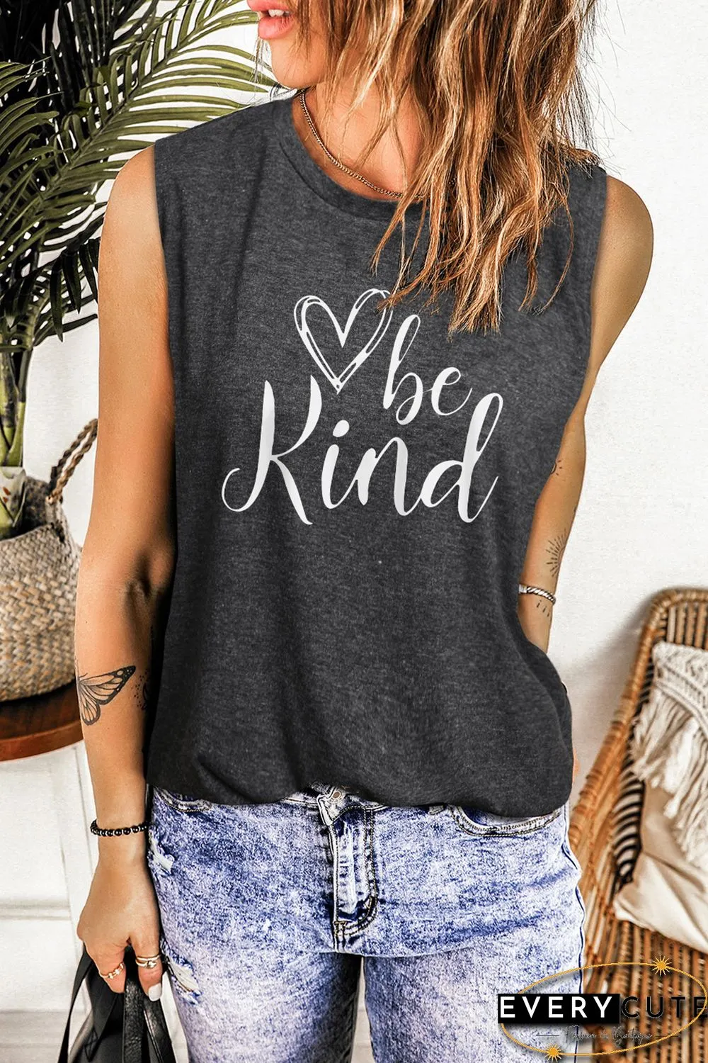 Gray Be Kind Print Washed Tank Top