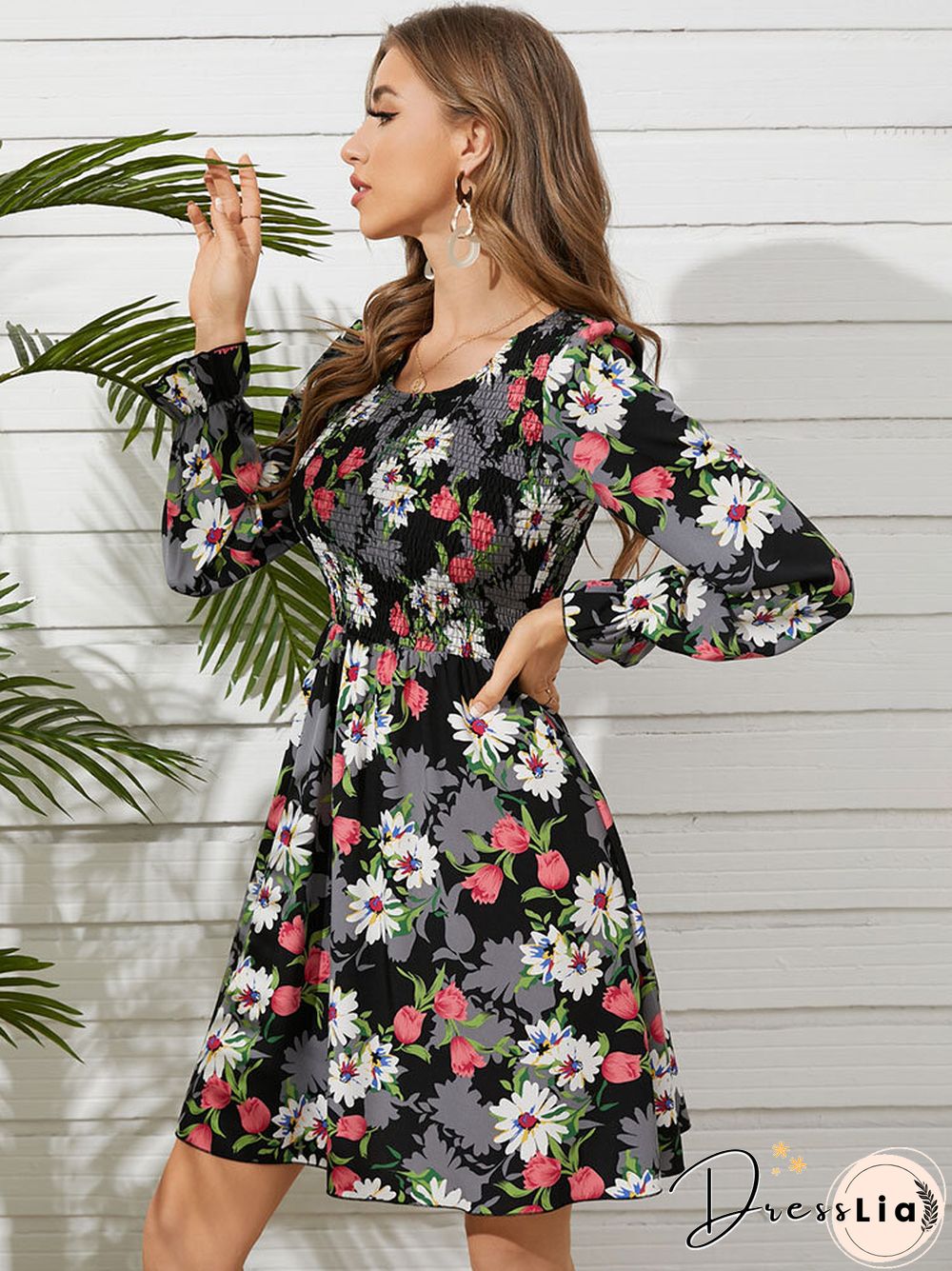 Flower Print Shirred Crew Neck Long Sleeve Dress