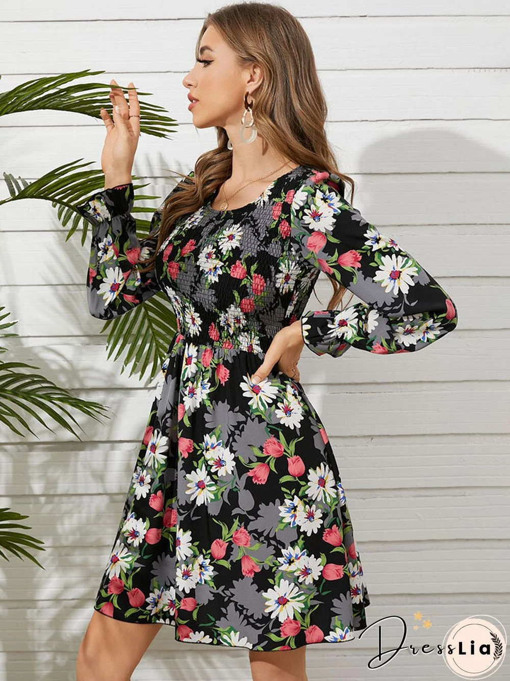 Flower Print Shirred Crew Neck Long Sleeve Dress