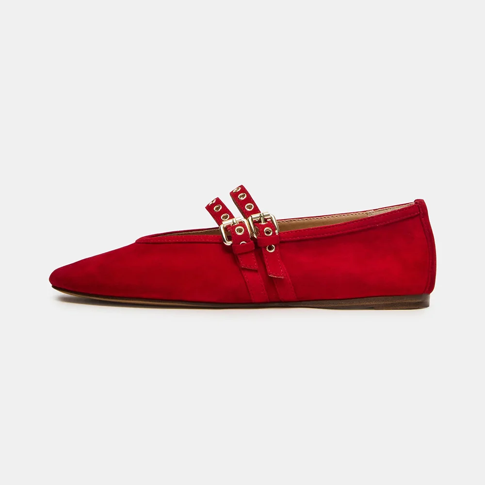 Red Vegan Suede Round Toe Buckle Ballet Mary Jane Flats with Grommet