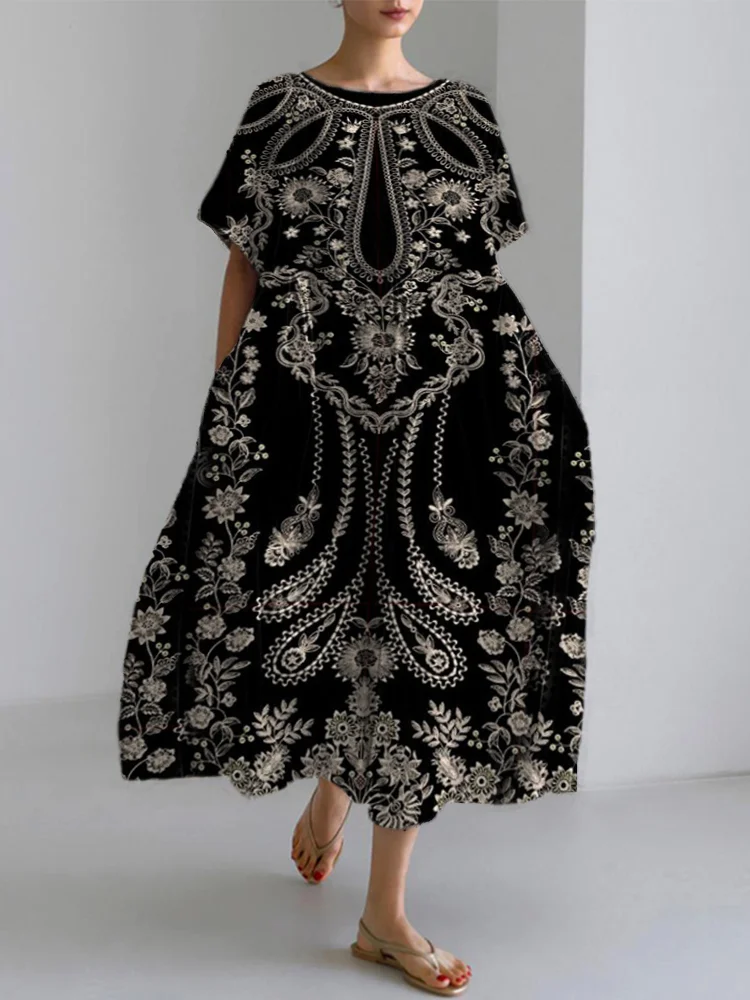 Ethnic Floral Pattern Women's Linen Maxi Dress