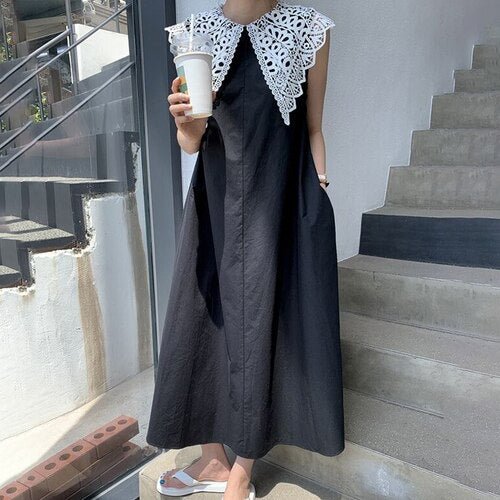 Sweet Retro Hollow Lace Big Lapel Loose Oversized Robe Sleeveless Dresses Femme 2021 Summer Fashion Casual Solid Color Dress New