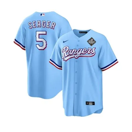 Men's Texas Rangers #5 Corey Seager Blue 2023 World Series Stitched Baseball  Jersey