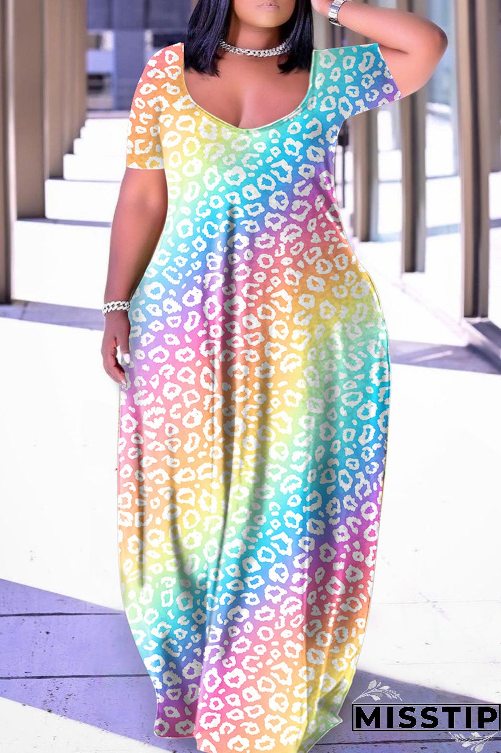 Blue Yellow Casual Print Basic V Neck Short Sleeve Dress Dresses