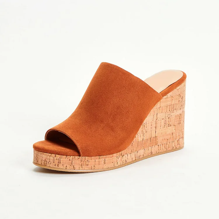 Tan Vegan Suede Platform Mules Open Toe Cork Wedge Sandals for Women |FSJ Shoes