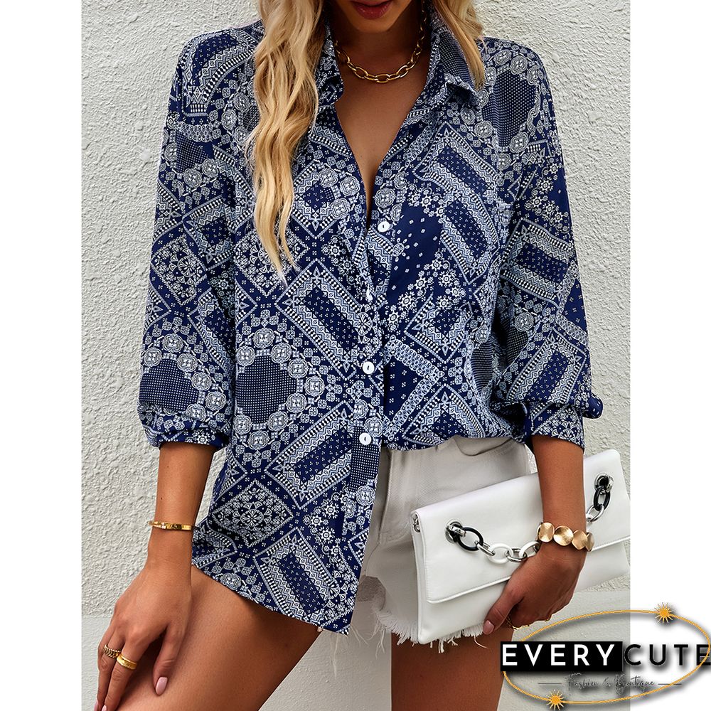 Navy Blue Digital Print Button Pocket Shirt