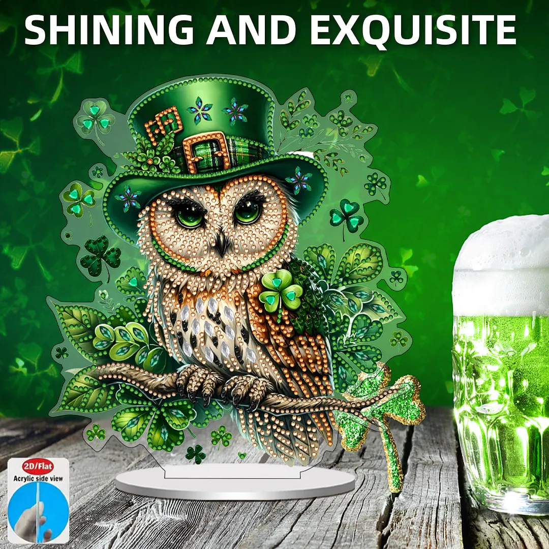 2D Flat DIY St Patricks Day Owl Diamond Painting Tabletop Ornaments Kit Special Shape Crystal Art Craft Decoration Single Side Drill for Living Room Home Office