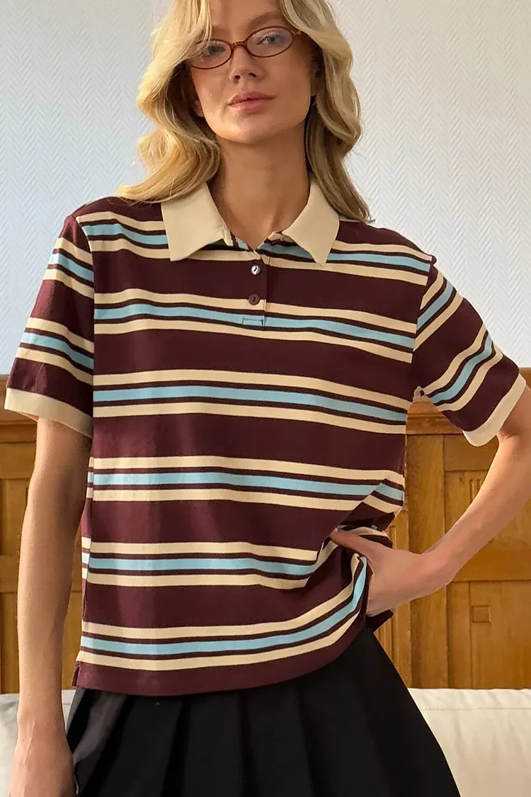 Striped Print Turndown Collar Short Sleeve Casual Polo Shirt-Brown