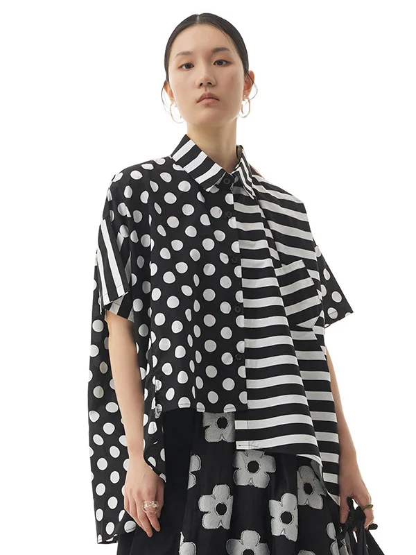 Original Irregular High-Low Black White Polka-Dot Striped Blouse