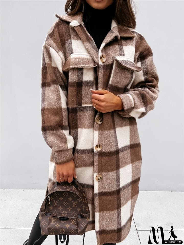 MidiSono - Cozy Warm Button Up Chest Pocket Lapel Collar Plaid Long Coat