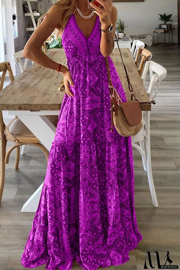 MidiSono - Celeste Boho Printed Strap Elastic Waist Maxi Dresses