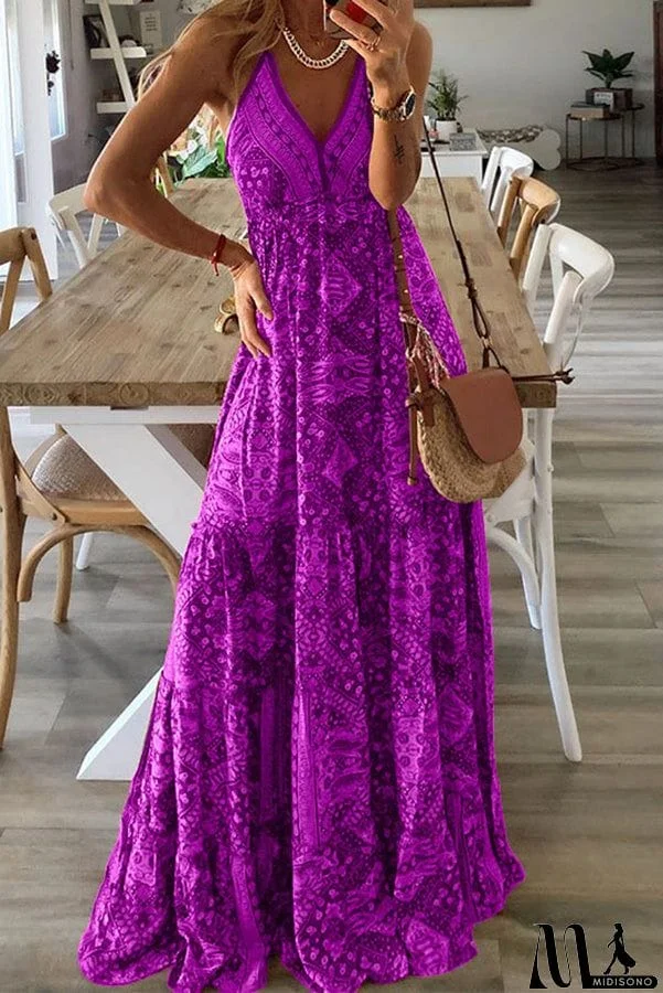 MidiSono - Celeste Boho Printed Strap Elastic Waist Maxi Dresses