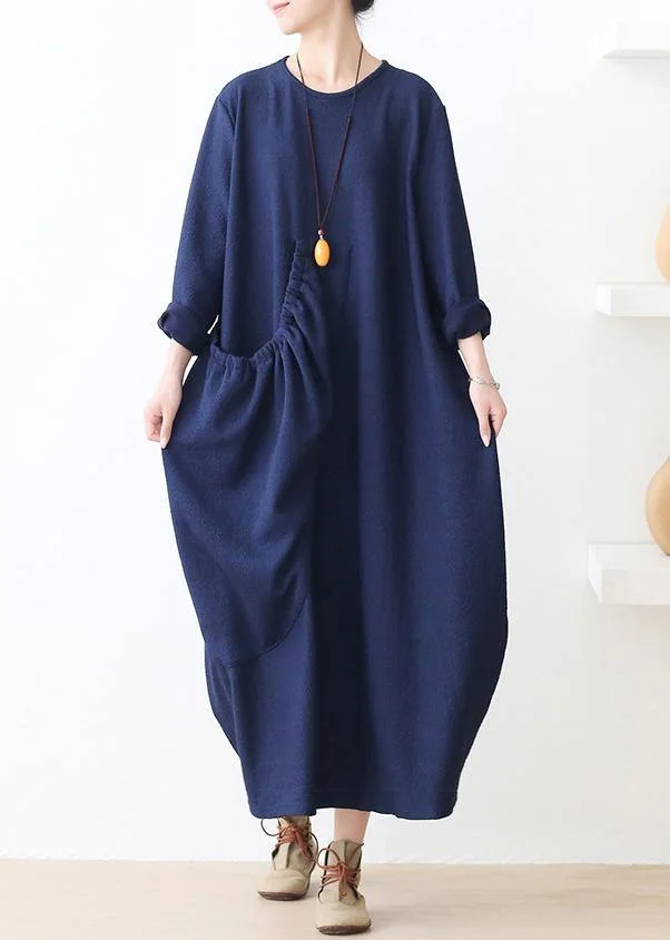 Knitted blue Sweater dress outfit plus size o neck pockets Mujer fall sweater dresses