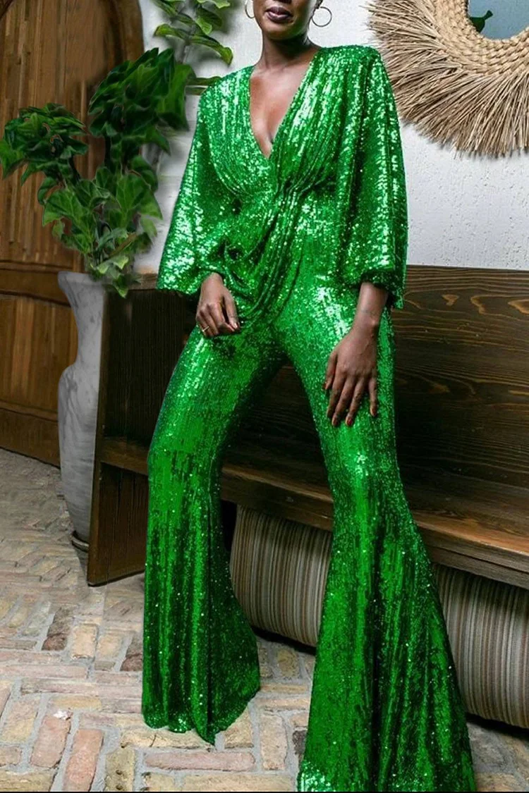 Plus Size Party Jumpsuit Green V-Neck Dolman Sleeves Sequin Flare Leg Jumpsuit 