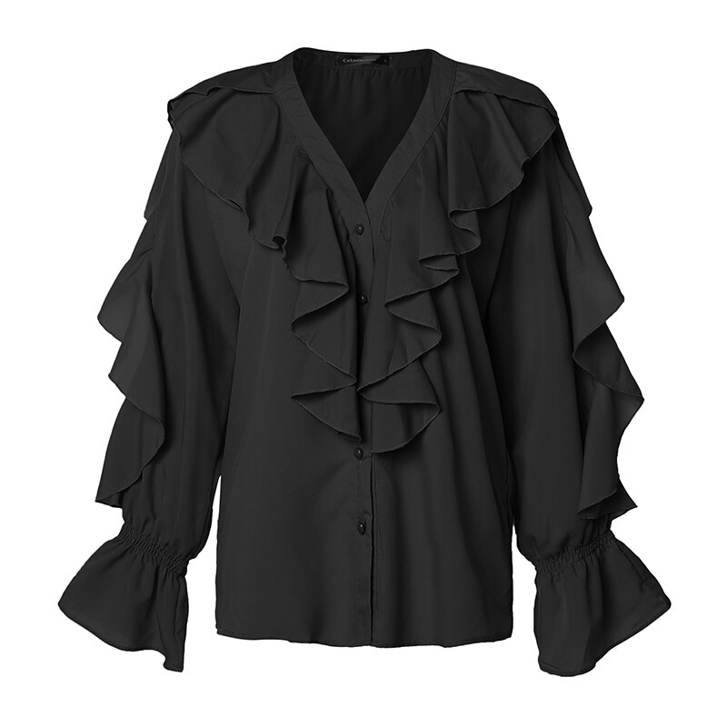 Women Blouses Summer Ruffled Stylish Sexy V-neck Long Sleeve Shirt