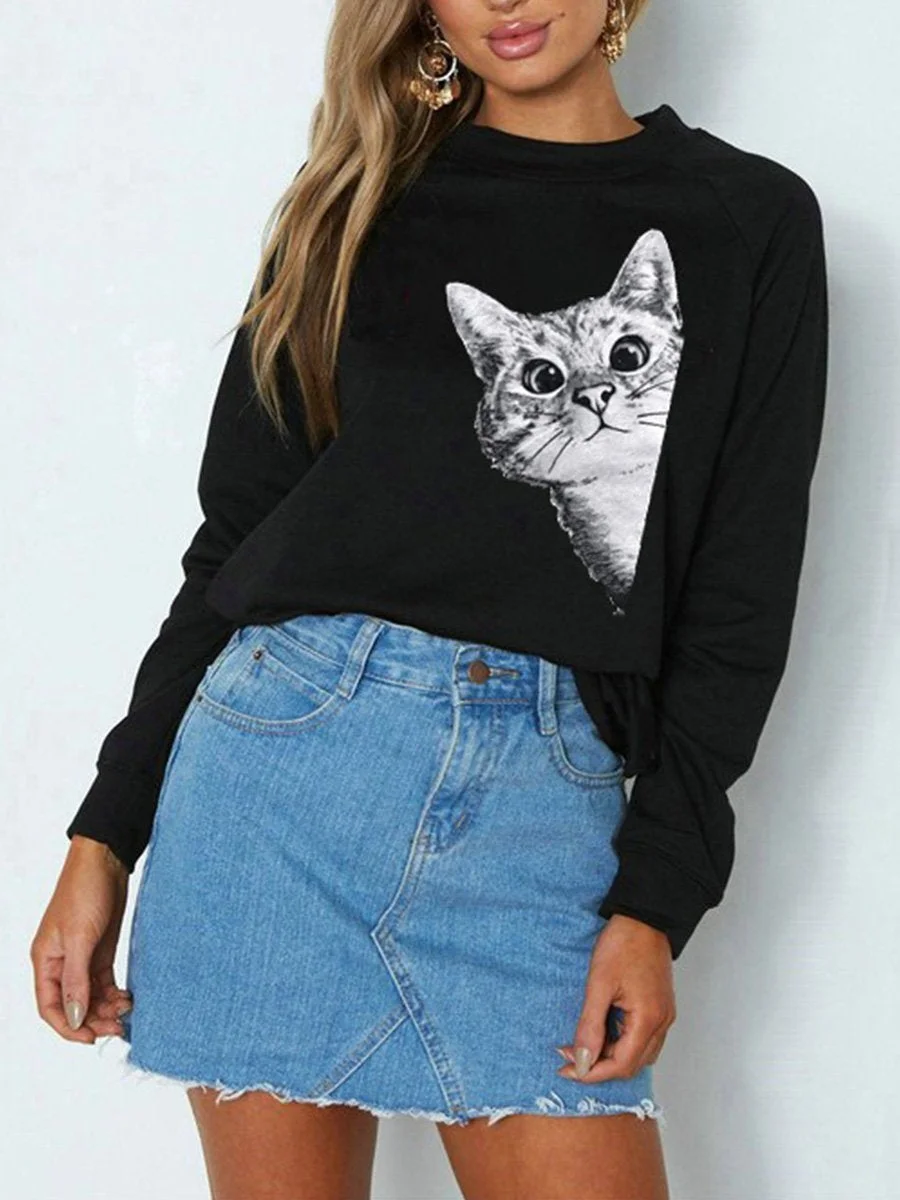 Fashion Cartoon Cat Printing Casual Sweatshirt (Right)