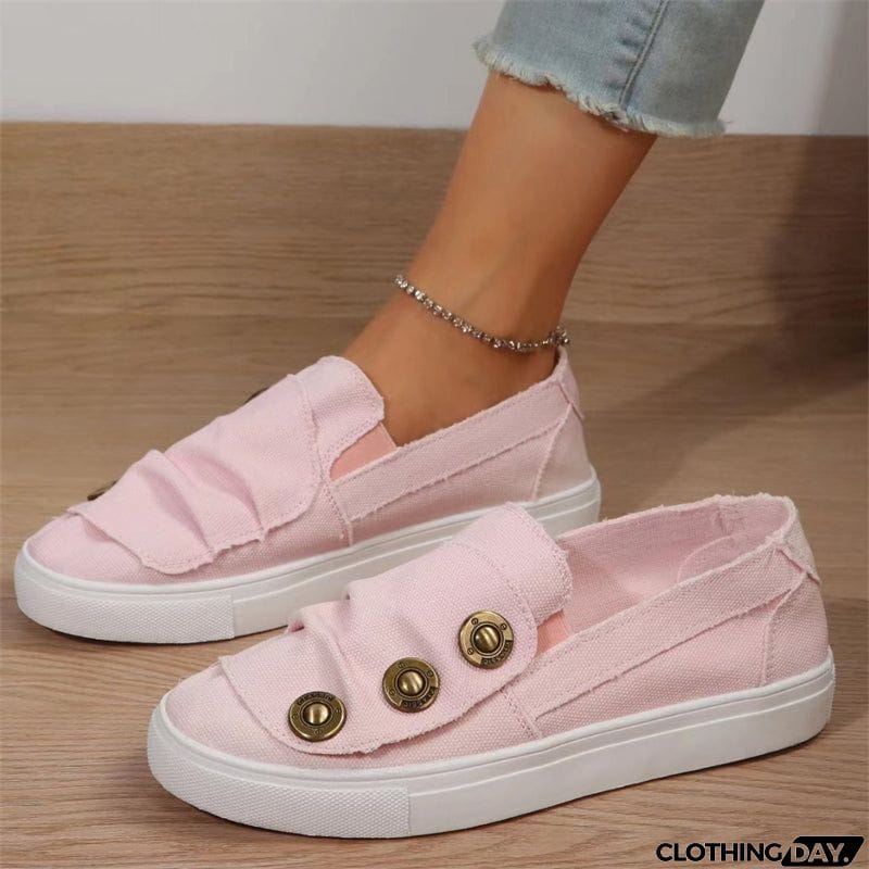 Pleated Metal Buckle Canvas Flat Loafers for Women