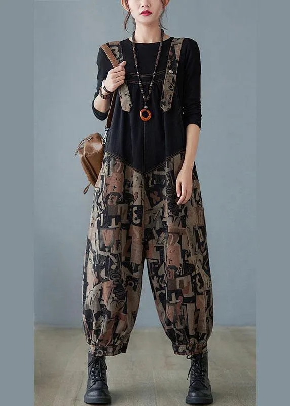 Fashion Black Pockets Button Print Patchwork Fall Outfits Rompers