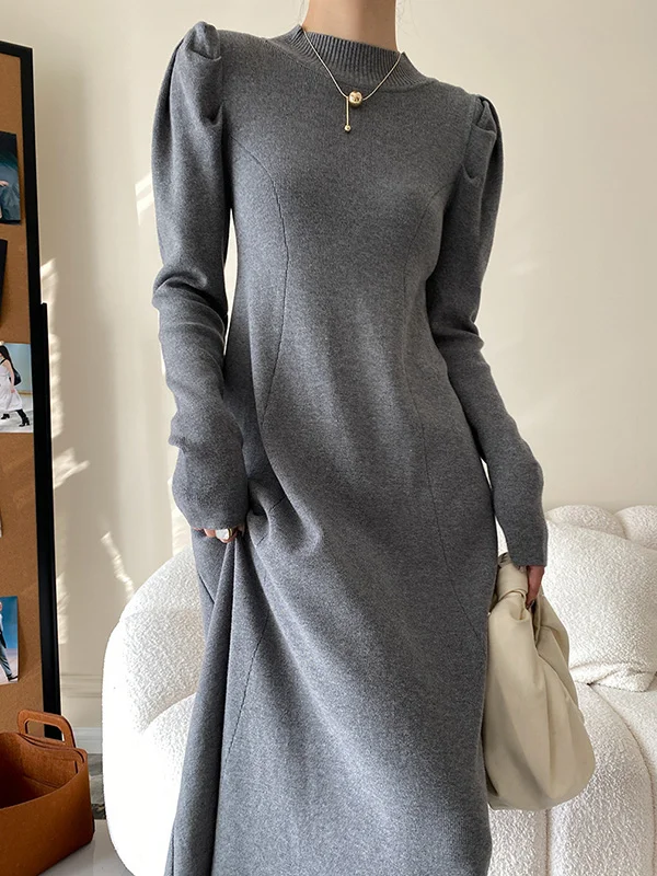 Casual Long Sleeves A-Line Pure Color Stand Collar Midi Dresses