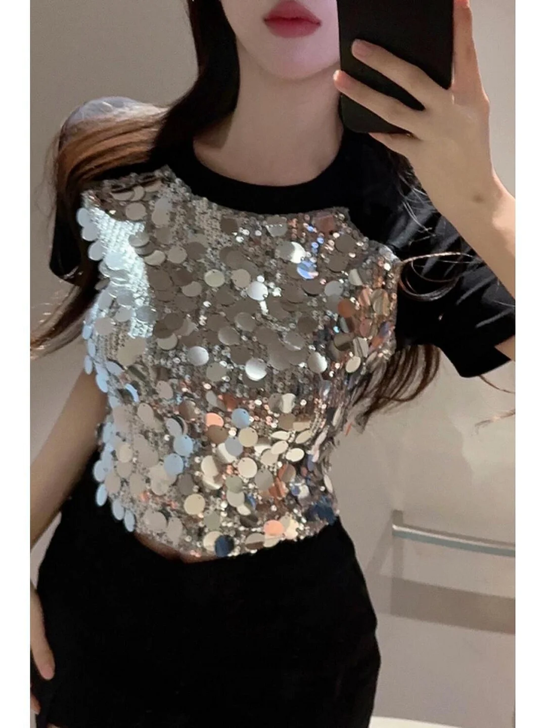 Uaang New Sexy Sequined Patchwork Crop Top Women's T Shirts Fashion Short Sleeve Round Neck Sequin T-shirt Tees