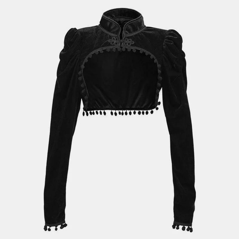Black Velvet Stand-Up Collar Long Sleeve Top