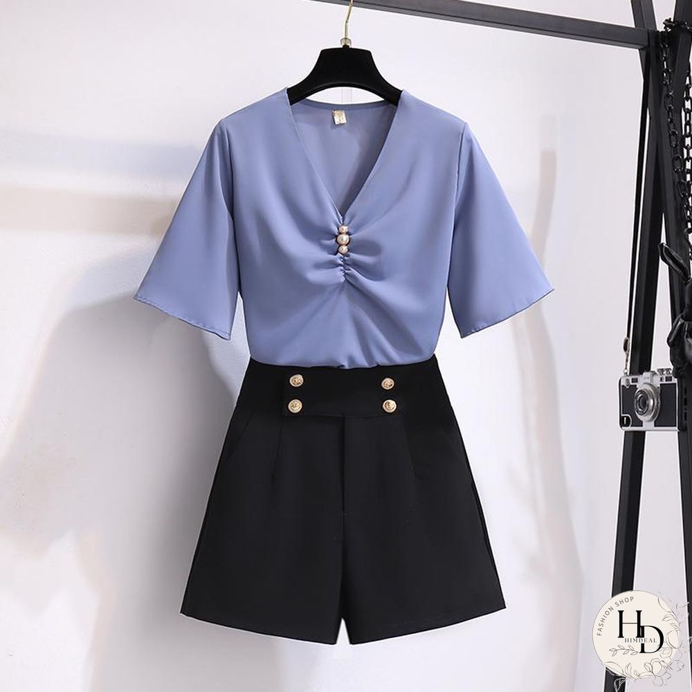 Chic V-Collar Tee+Button Shorts P10770