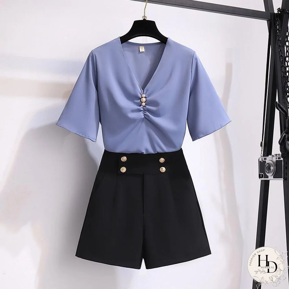 Chic V-Collar Tee+Button Shorts P10770