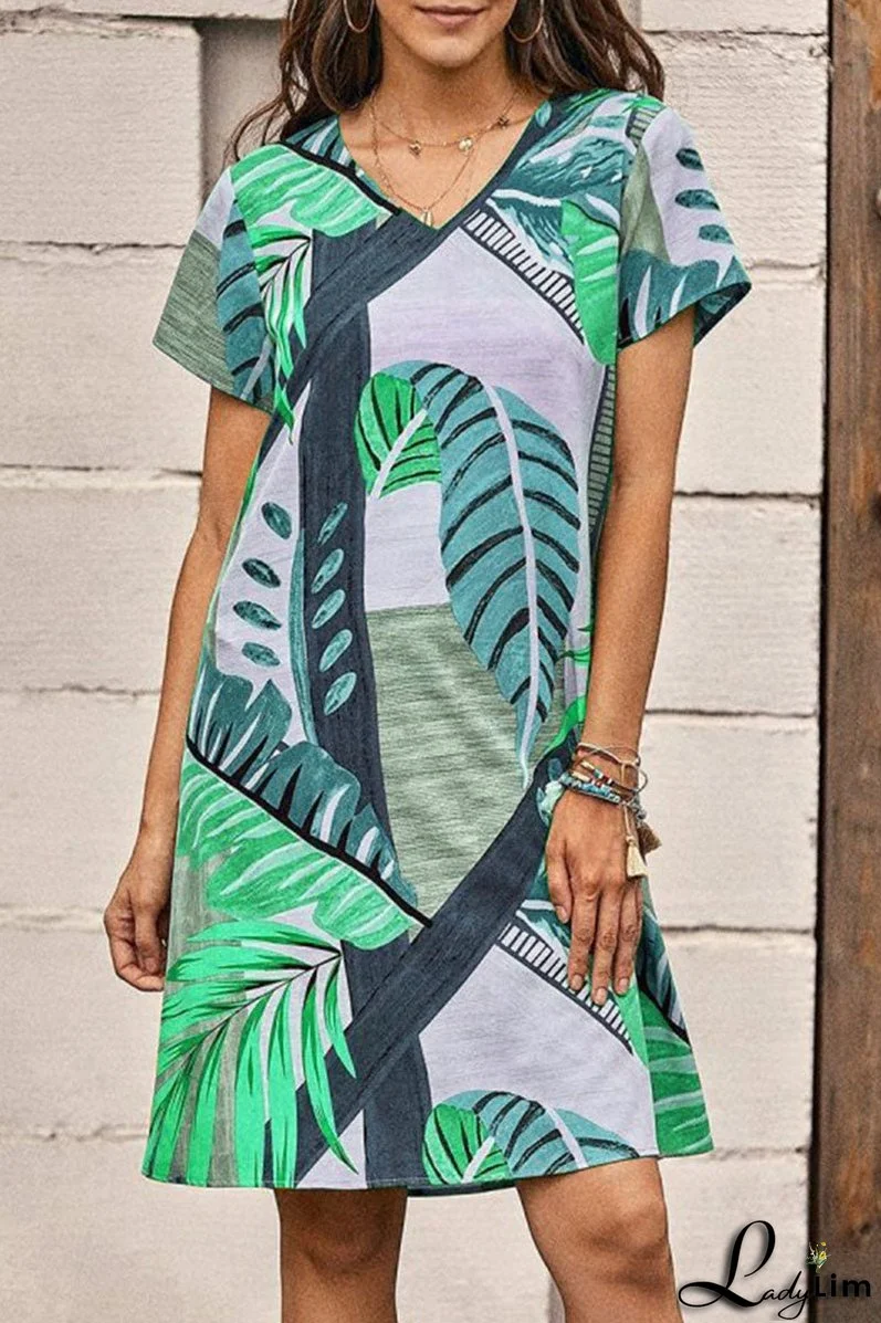 Fashion Casual Print Split Joint V Neck A Line Dresses
