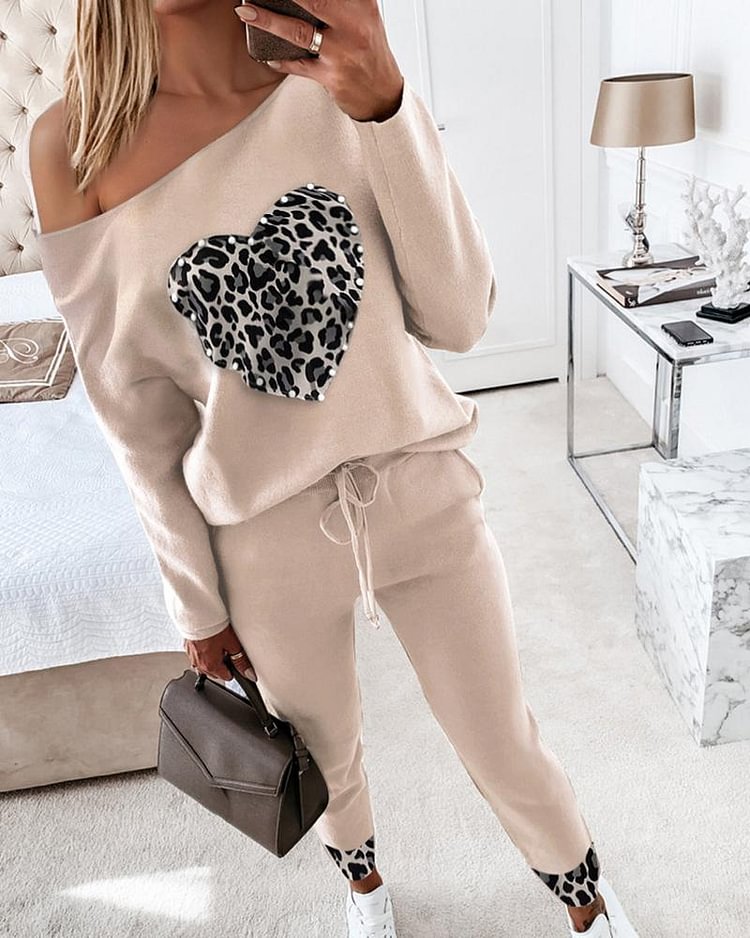 Leopard & Heart Print Patched Beaded Top & Pants Set - Shop Trendy Women's Clothing | LoverChic