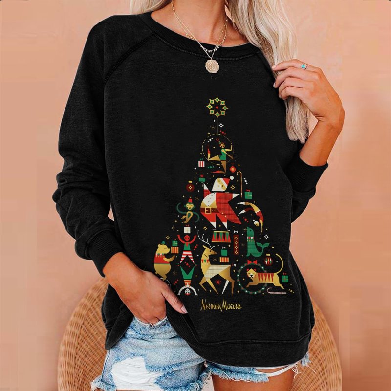 Santa Claus Elk Christmas Tree Printed Casual Sweatshirt