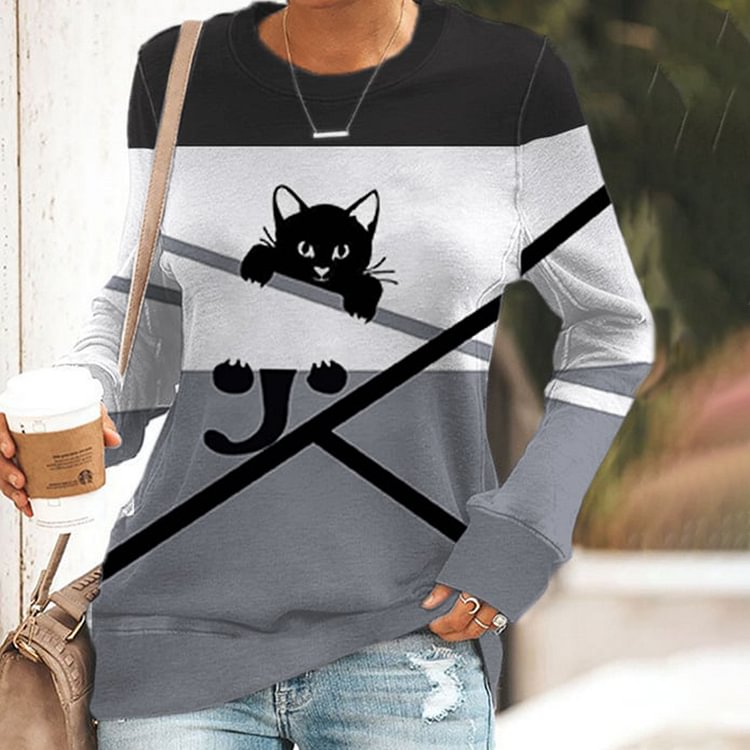 Vefave Contrast Panel Cat Print Long Sleeve Casual Sweatshirt