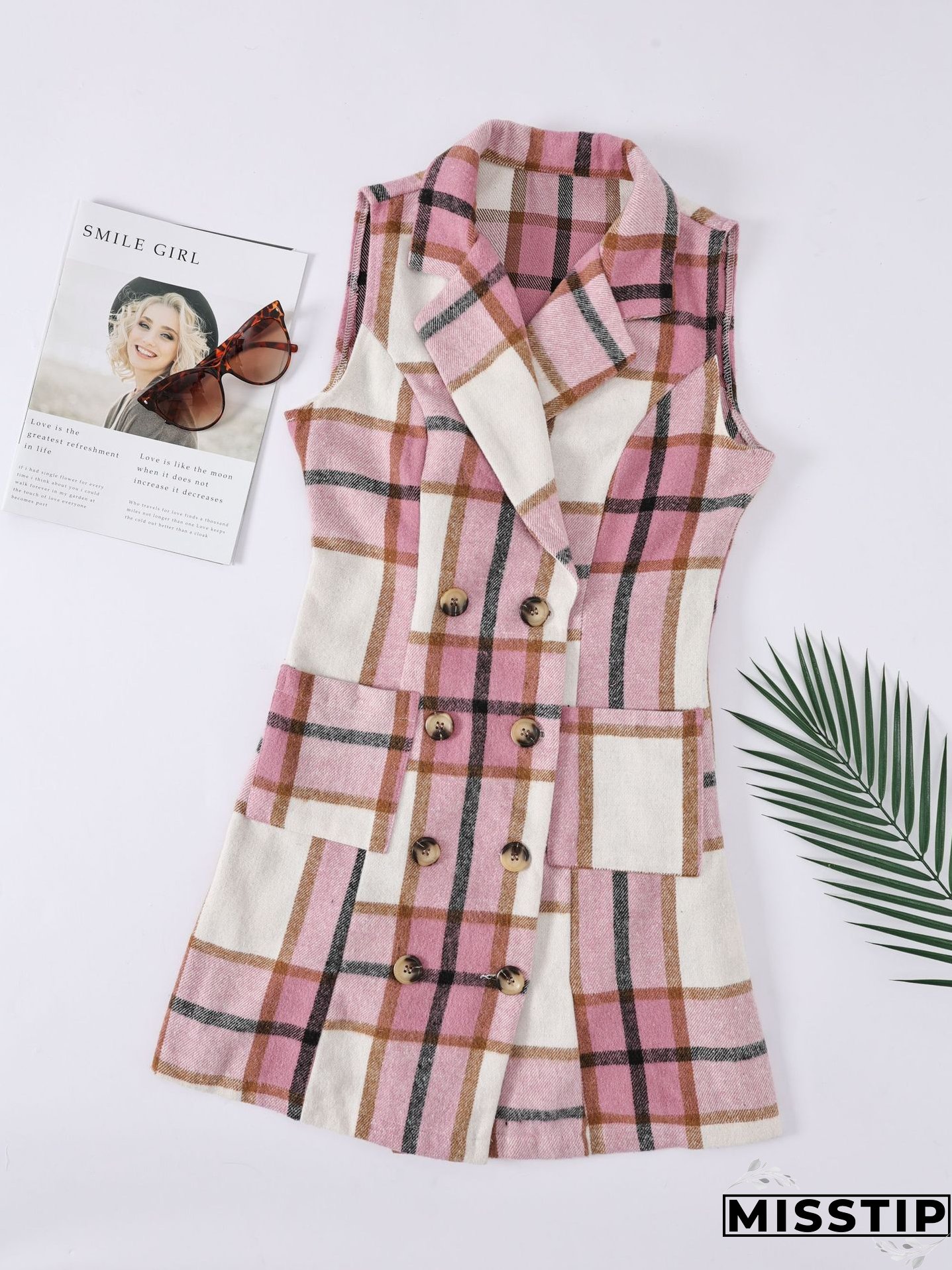Women's Fashion Plaid Long Vest Turndown Collar Sleeveless Blazer