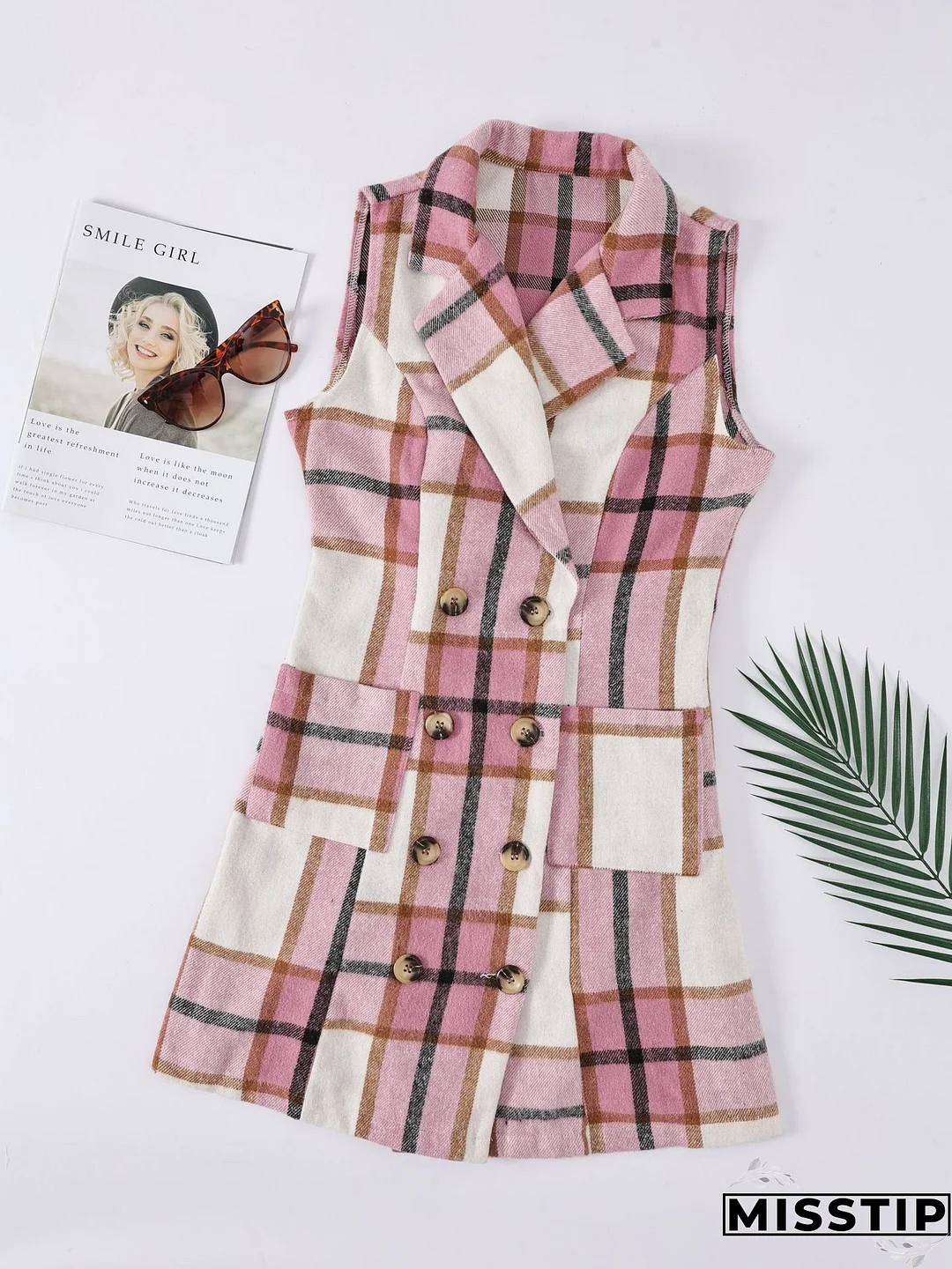 Women's Fashion Plaid Long Vest Turndown Collar Sleeveless Blazer