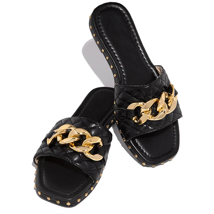 Black Square Toe Metal Chain Studded Flat Mules |FSJ Shoes