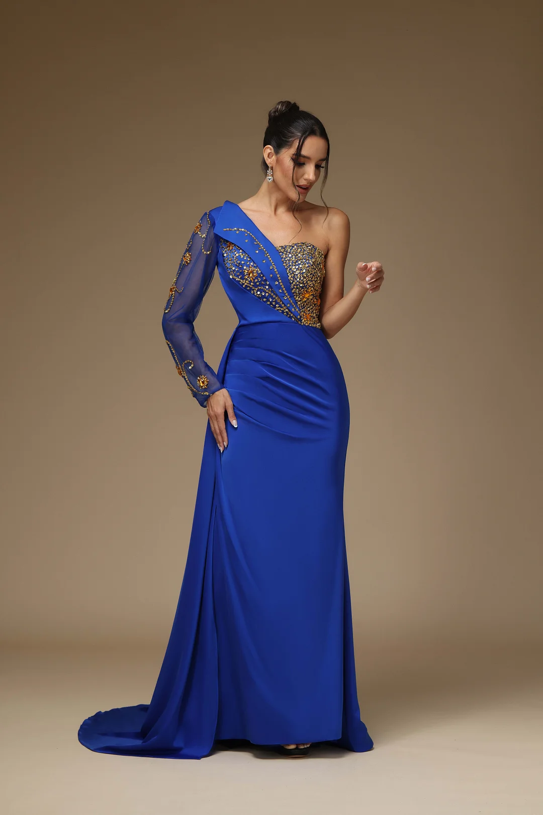 Okdais Prom Dress Royal Blue One Shoulder With Beads YX0009