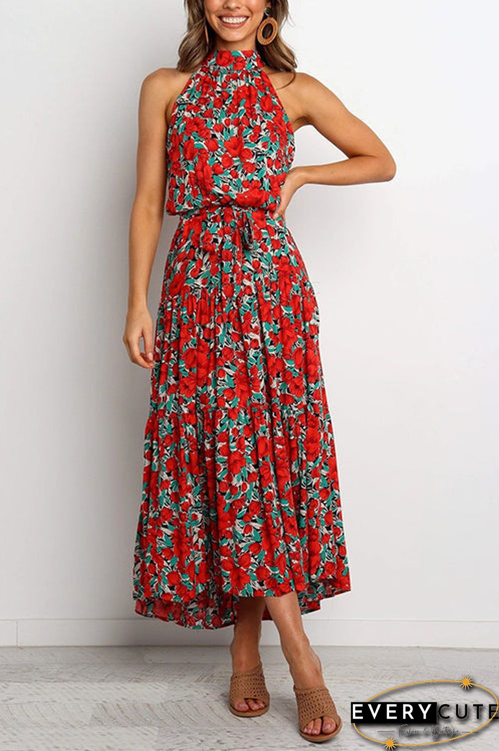 Print Belted Sleevelss Maxi Dress