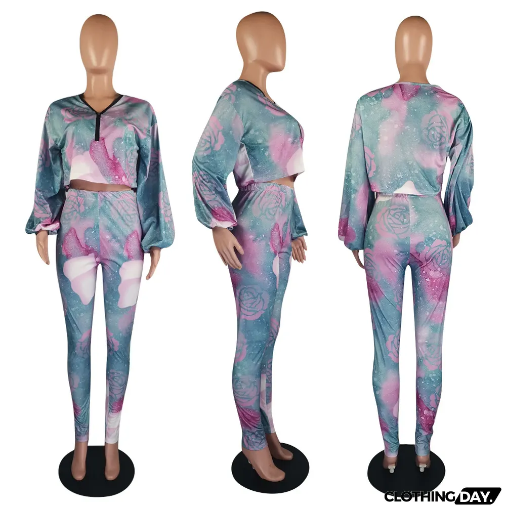 Casual Printed Long Sleeve Two Piece Pants Set