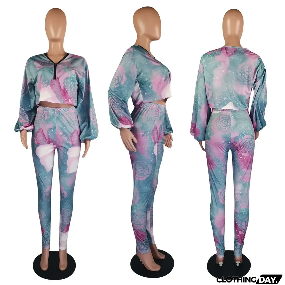 Casual Printed Long Sleeve Two Piece Pants Set