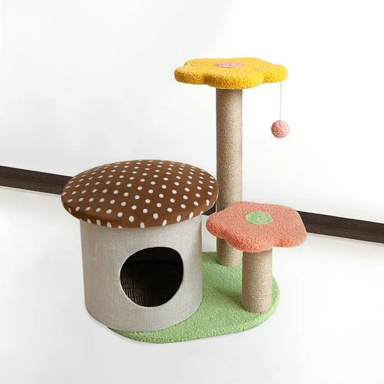 Homemys Mushroom Cat Towers and Condo Faux Fur Perch and Tower with Teasing Toy