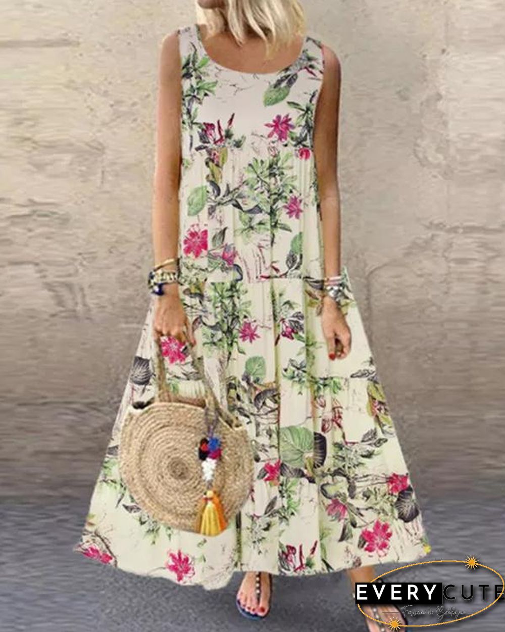 Retro Floral Cotton Maxi Dress