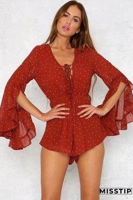 Summer Bohemian Wave Point V-Neck Print Jumpsuit