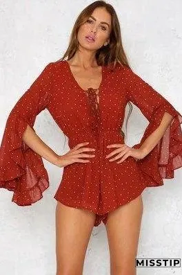 Summer Bohemian Wave Point V-Neck Print Jumpsuit