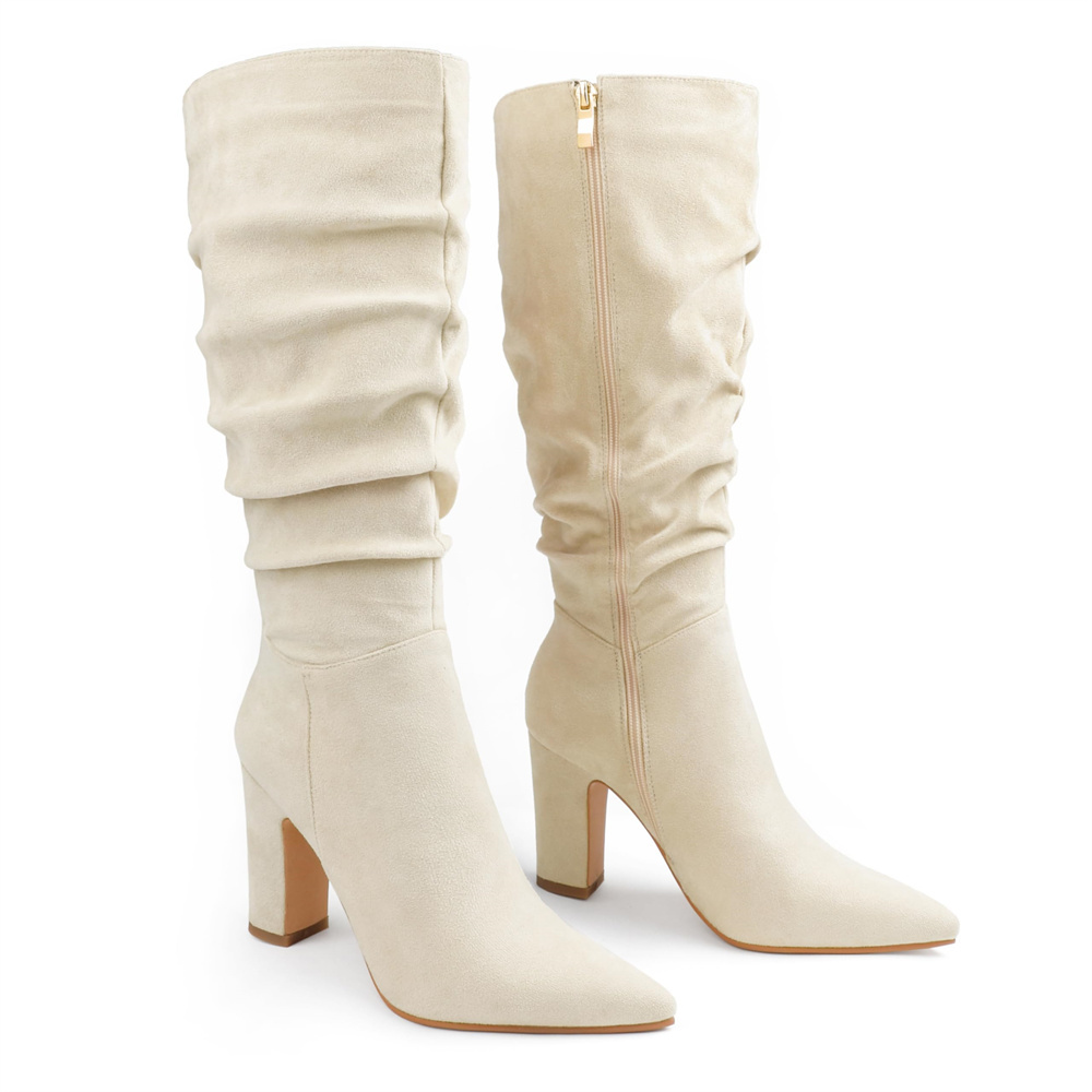 3.35" Women's Knee Boots Chunky Heels Zipper Fashion Sexy Suede Slouchy Boot-MERUMOTE