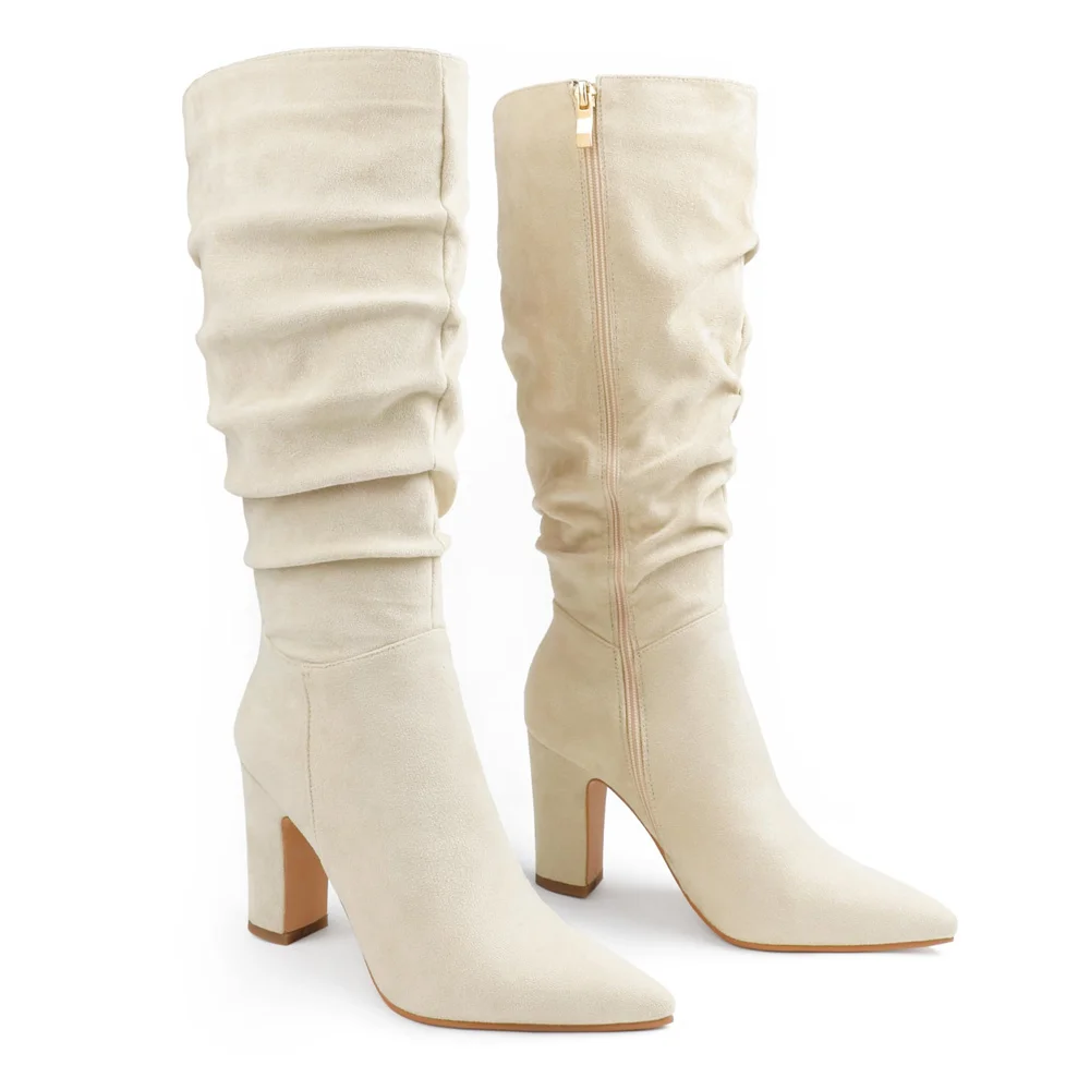 3.35" Women's Knee Boots Chunky Heels Zipper Fashion Sexy Suede Slouchy Boot-MERUMOTE
