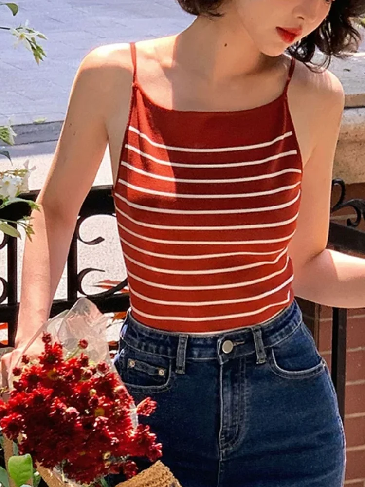Retro Striped Sleeveless Knitted Camisole - Red