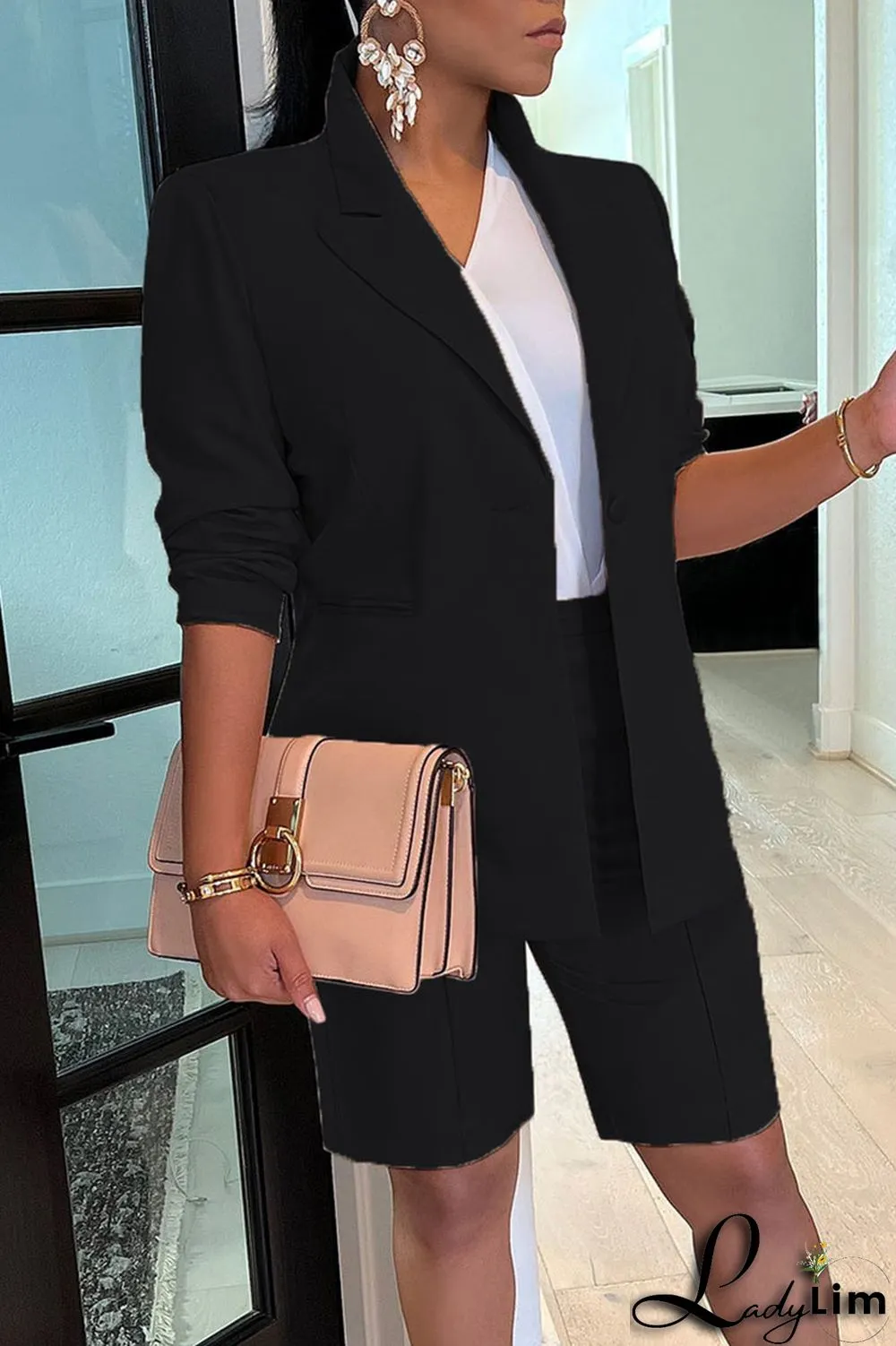 Coffee Casual Solid Patchwork Buttons Turn-back Collar Long Sleeve Two Pieces